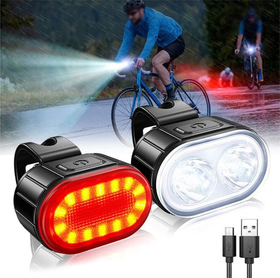 1 paar - fietsverlichtingsset voor nachtelijk fietsen - fietskoplamp en achterlicht - USB oplaadbare LED - 4+6 verlichtingsstanden - waterdicht IPX5 - 200 lumen - voor veilig fietsen in het donker