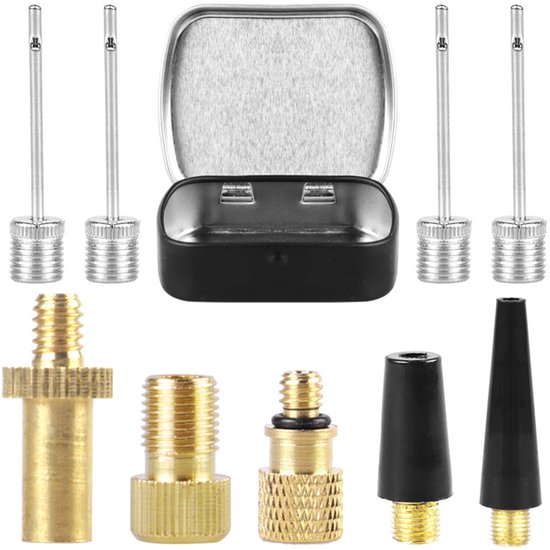 10-Delige set Fietsventieladapter - adapter voor alle AV-/DV-/SV-ventielen - met Blikken doos - opblaasventielen - set voor alle fietspompen - luchtpompen - naalden voor bal-, basketbal en voetbalpompen