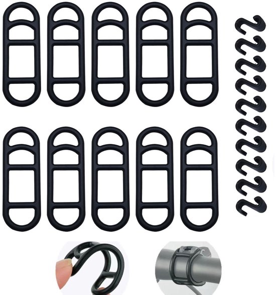 10-stuks Siliconen band voor fietsverlichting - Fietsband met vier gaten - Stuuraccessoire - Telefoonband voor op de fiets - Met S-vormige kunststof haak - Eenvoudig te installeren - Rekbaar - Voor fietsliefhebbers, fietsers en forenzen - Zwart