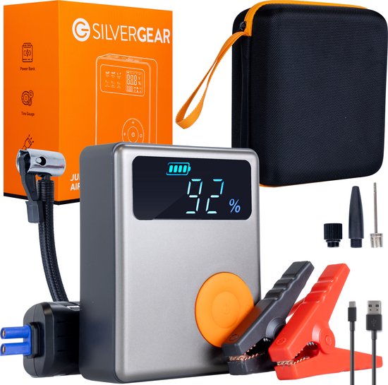 12V Jumpstarter met Compressor 4-1 - Noodverlichting - Elektrische Fietspomp - Jumpstarter voor Auto - Compressor Bandenpomp - Noodpakket Oorlog - Starthulp voor Auto's - Silvergear