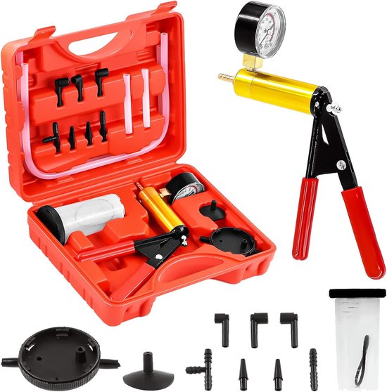15Pcs 1Set Rood 2 in 1 Handheld Vacuum Pump - Rem Bleeder Assortiment Kit - Remsysteem Ontluchtingsgereedschap - Handmatige Vacuum Pomp met Manometer - Adapters - Vervang Remolie voor Motorfiets - Fiets - Auto