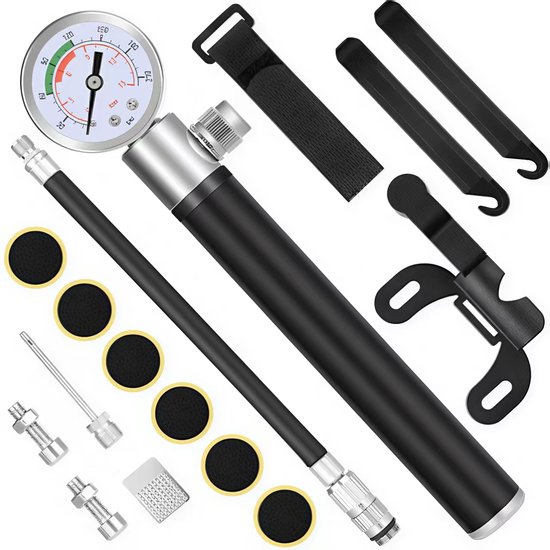 16-delige fietsbandenreparatieset met mini-fietspomp (met hogedrukmeter 210 PSI) + bandenreparatiegereedschap, draagbare hogedruk mountainbikepomp