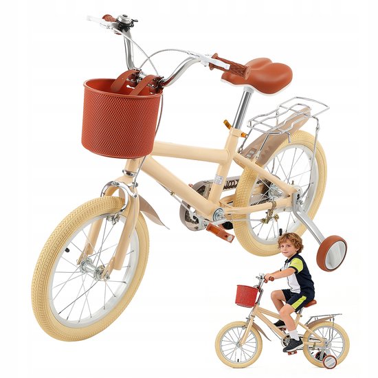 16 Inch Vintage Kinderfiets Beige - Met Zijwieltjes, Mandje, Dubbele Remmen - Verstelbaar Zadel (58-68 cm) - Stevig Stalen Frame - Geschikt voor 5-9 Jaar, Jongens & Meisjes