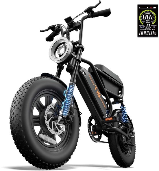 16Inch Elektrische Fatbike 16 x 3.0 Inch - 48V 15.6Ah - Tot 110 km Bereik - 250W Motor -Zwart