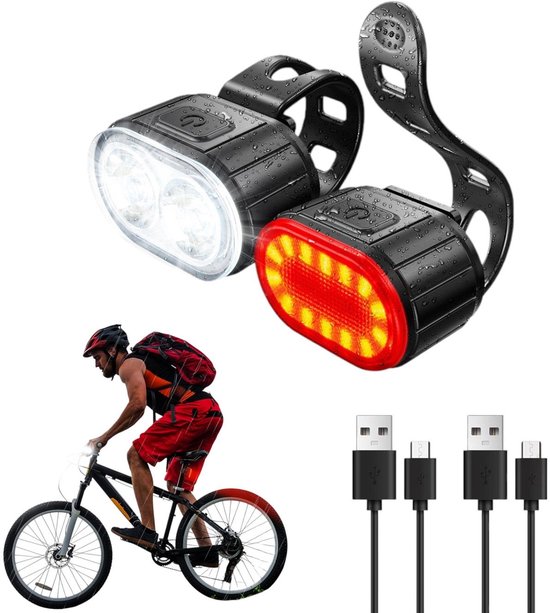 2-delig - Fietsachterlicht - Oplaadbaar nachtlampje - Zwart - Mountainbike koplamp - Superheldere verlichting - USB oplaadbaar - LED waterdicht - Fiets voor- en achterlichtset