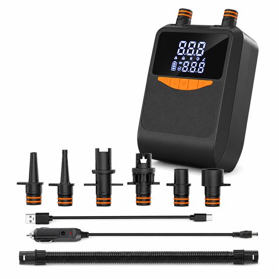 2-in-1 pomp voor opblazen en leeglaten (draadloos model) met LED, USB en 6 Adapters voor SUP, Luchtbedden en Tenten