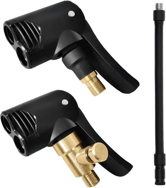 2-in-1 Schrader - Fietspomp Adapter Ventielkop - Geschikt voor Presta, Schrader en Dunlop - Messing Bandenpomp Hulpstuk met Slang - Zwart