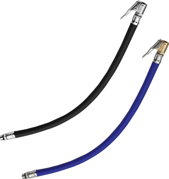2 Stuks - Autopomp - 38cm - 12.5mm - Zwart en blauw - Rubber en metaal - Verlengbuis voor bandenpomp - Luchtpomp - Verlengslang voor luchtdruk - Voor Auto, Motorfiets, Fiets