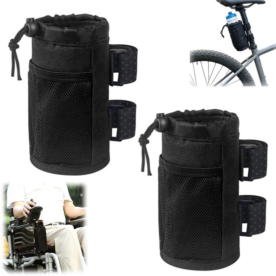 2 stuks - Bidonhouder fiets - Oxford Fleshouder - Oxford stof drinkhouder met klittenband - Bekerhouder buggy - with Mesh Pocket and Cord Lock - 17,5×8,5cm - Zwart - geschikt voor fiets, rolstoel, buggy en golfkar