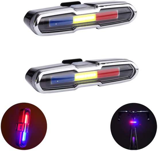 2-Stuks - Fiets Achterlicht - Ultra Helder USB Oplaadbaar Hoog LED Achterlicht - Fietsaccessoires voor Fietsen en Mountainbikes - Rood + Blauw + Wit - Waterdicht - Eenvoudig te Monteren - Veiligheid voor Nachtelijk Fietsen