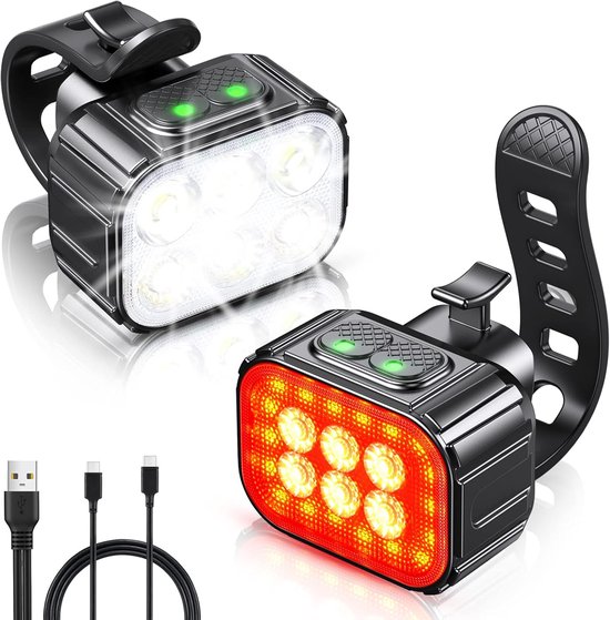 2 stuks - Fietsverlichting - USB-oplaadbare fietslamp - met spot- en flood bundel - waterdichte fietsverlichting - MTB & Racefiets verlichting - voor nachtelijk fietsen - voorlicht - achterlicht - fietskoplamp - Fiets achterlicht - rood, wit