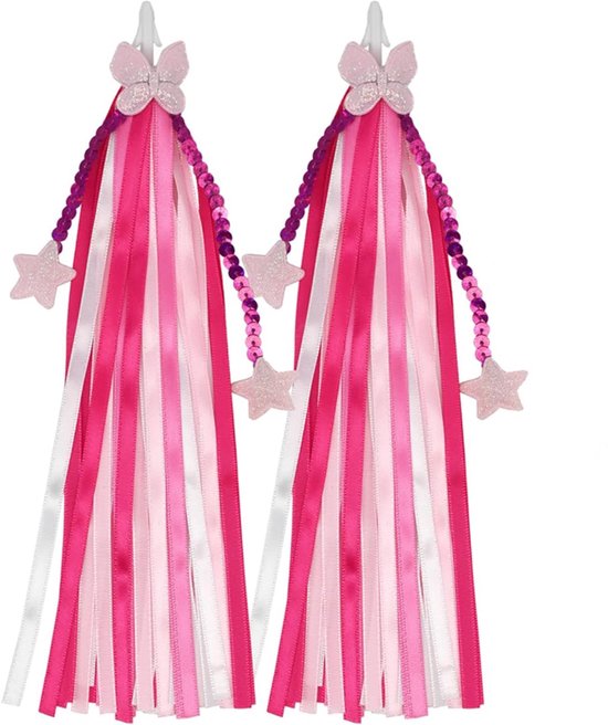 2 Stuks - Stuurslingers - Stuurversiering Fiets - 25cm - Handvatstreamers - Fiets Versiering Kinderen - Kinderfiets versiering - Stuurversiering Slingers - Handvat Streamers - Polyester - Prinsessen Franjes - Stuurversiering Meisje - Roze