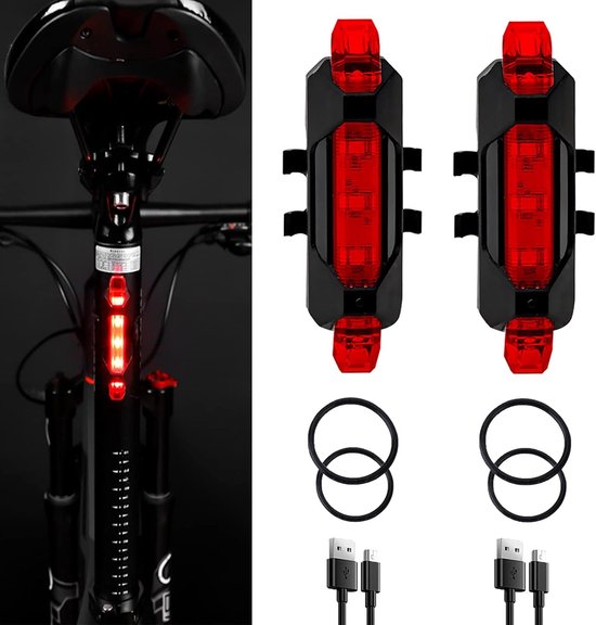 2 Stuks USB Rechargeable LED Bike Rear Light - Waterproof - 4 Modes - Safety Warning Light for MTB Men Women Kids