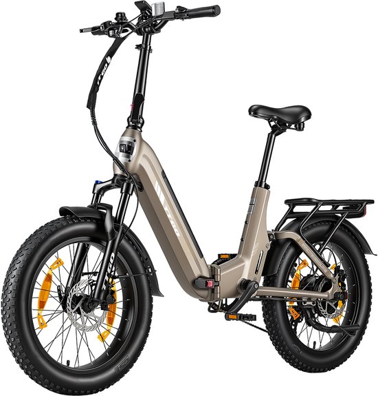 20*3.0" Elektrische vouwfietsen- 48V 15Ah (720Wh) Lithium Accu – Actieradius tot 120 km – Softtail-vering – Hydraulische Schijfremmen –Geveerde voorvork met lockout​ –Krachtsensor– 70Nm– Shimano 7 Versnellingen– Elektrische Stadsfiets– Champagnegoud