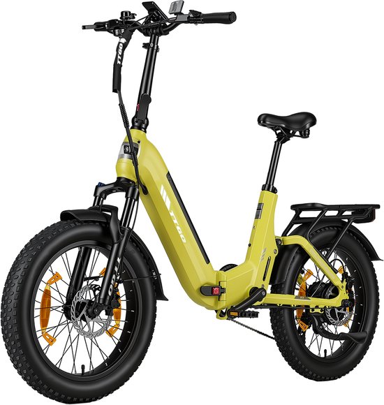 20*3.0" Elektrische vouwfietsen- 48V 15Ah (720Wh) Lithium Accu – Actieradius tot 120 km – Softtail-vering – Hydraulische Schijfremmen –Geveerde voorvork met lockout​ –Krachtsensor– 70Nm– Shimano 7 Versnellingen– Elektrische Stadsfiets– Geel