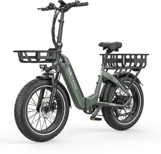 20*4.0" Elektrische vouwfietsen- 48V18Ah Lithium Accu - 70Nm Elektrische Fiets –met voorkorf en achterkorf –Actieradius tot 140 km - Shimano 7 Versnellingen - Hydraulische Schijfremmen –Aluminium –250W Motor –Krachtsensor–Elektrische Stadsfiets–Groen