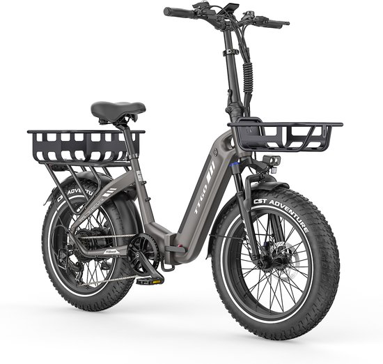 20*4.0" Elektrische vouwfietsen- 48V18Ah LithiumAccu - 70Nm Elektrische Fiets –met voorkorf en achterkorf –Actieradius tot 140 km - Shimano 7 Versnellingen - Hydraulische Schijfremmen –Aluminium –250W Motor –Krachtsensor–Elektrische Stadsfiets–Grijs