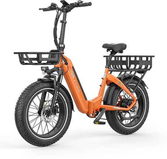 20*4.0" Elektrische vouwfietsen- 48V18Ah LithiumAccu - 70Nm Elektrische Fiets –met voorkorf en achterkorf –Actieradius tot 140 km - Shimano 7 Versnellingen - Hydraulische Schijfremmen –Aluminium –250W Motor –Krachtsensor–Elektrische Stadsfiets–Oranje