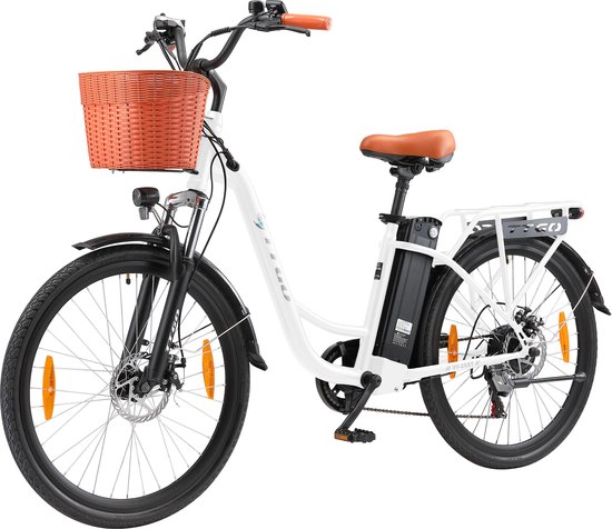 26-inch Elektrische Fiets - 250W Motor - 36V14.5Ah Accu - 26x1.75" Banden - Instap Frame - LED Display - Max Snelheid 25km/u - 75 km Bereik - Shimano 6 Versnellingen - Stadsfiets voor Dames en Heren - Wit van Merkloos