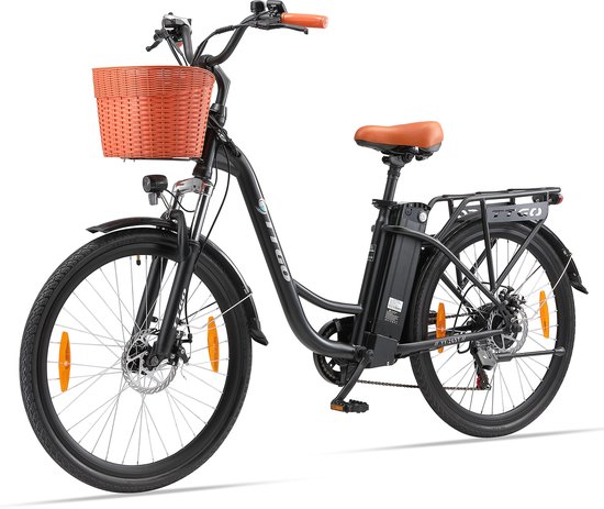 26-inch Elektrische Fiets - 250W Motor - 36V14.5Ah Accu - 26x1.75" Banden - Instap Frame - LED Display - Max Snelheid 25km/u - 75 km Bereik - Shimano 6 Versnellingen - Stadsfiets voor Dames en Heren - Zwart van Lankeleisi