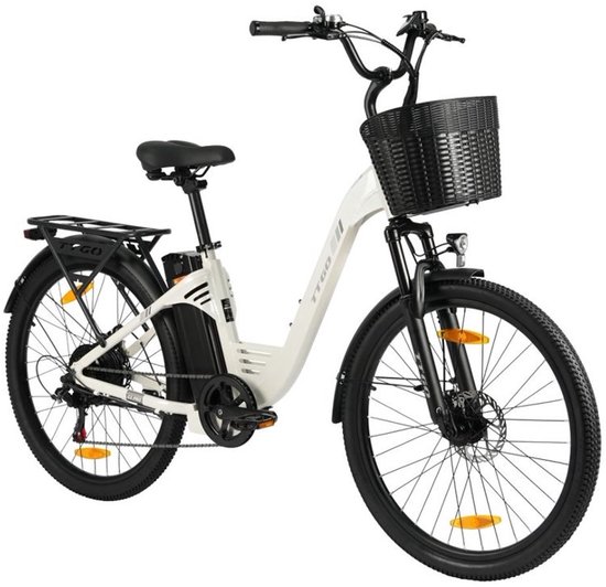 26-inch Elektrische Fiets - Motor 250W - 36 V 18 Ah accu - elektrische stadsfiets en e-Dutch bike met - Aluminium frame - maximaal bereik 120 km - Shimano 7 versnellingen - LCD-display -Waterdicht -Wit van Merkloos