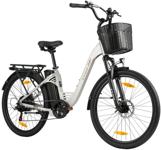 26-inch Elektrische Fiets - Motor 250W - 36 V 18 Ah accu - elektrische stadsfiets en e-Dutch bike met - Aluminium frame - maximaal bereik 120 km - Shimano 7 versnellingen - LCD-display -Waterdicht -Zilver van Merkloos