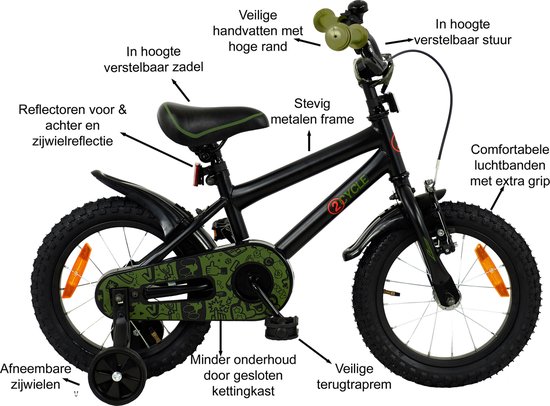 2Cycle BMX - Kinderfiets - 14 inch - Zwart-Groen - Jongensfiets - 14 inch fiets van 2Cycle
