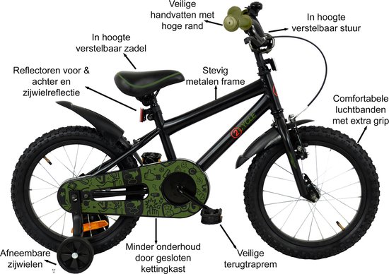 2Cycle BMX - Kinderfiets - 16 inch - Zwart-Groen - Jongensfiets -16 inch fiets van 2Cycle
