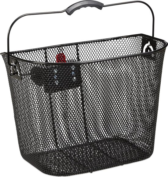 2x fietsmand voorop, afneembaar, met kliksysteem, metalen stuurmand, met handvat, fijnmazig, 27x34,5x26 cm, zwart van Relaxdays