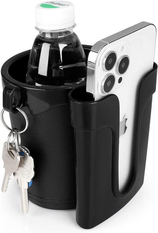 3-in-1 Fiets Drinkhouder Met Telefoon- & Sleutelhouder - Universele Bevestiging - Voor Waterfles, Koffiebeker & Babyfles - Zwart