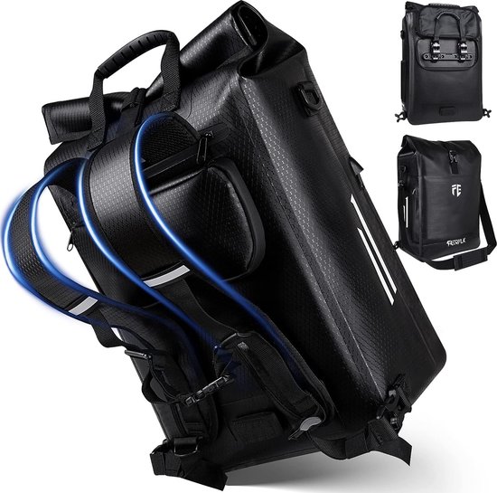 3-in-1 fietstas voor bagagedrager, 2023-27 liter, fietstas bagagedrager met laptopvak, 100% waterdicht en reflecterend, geschikt als bagagedragertas, rugzak en schoudertas (ZWART) van Skincom