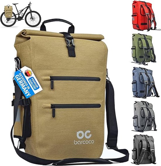 3-in-1 fietstas voor bagagedrager, rugzak, 100% waterdicht, met laptopvak, 15,6 inch, schoudertas, flessenhouder, bagagedragertas voor fiets, reflecterend (zandbeige) van Basil