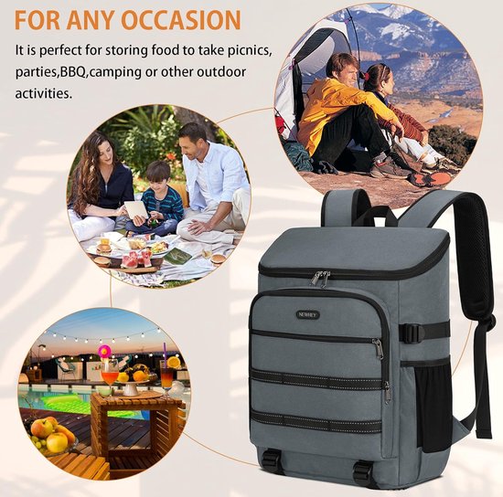 30 liter koelrugzak, waterdichte geïsoleerde koeltas, grote picknickrugzak, lichte lunchtas, rugzakken, coole tas voor camping, BBQ, wandelen, picknick, grijs van Hoppa