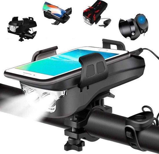 4-in-1 Fietslamp Voorlicht mét telefoonhouder - Powerbank Fiets Telefoonhouder - Fiets Smartphone Houder - USB oplaadbaar - 2400 mAh - 130 DB Loudspeaker - Bel - Koplamp - 6-12H gebruikstijd -  Zwart