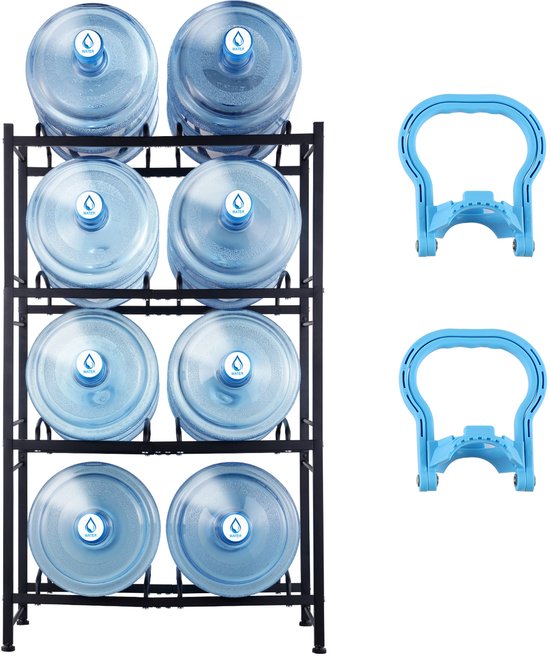 4-Staps Waterkanhouder, Dubbel Rijen Flessenrek voor 8 Flessen, Robuust 5-Gallon Waterrek voor Keuken, Kantoor, Woonkamer, Zwart