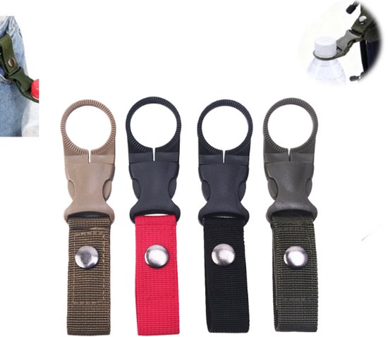 4 stuks - Flesclip hanger - Taille Fleshouder - Zwart - Legergroen - Khaki - Rood - Flessen hanger - Drank Holster - Heup Fles Houder - Flessen hanger - Fles Houder Universeel - Waterfles houder – Riemhouder