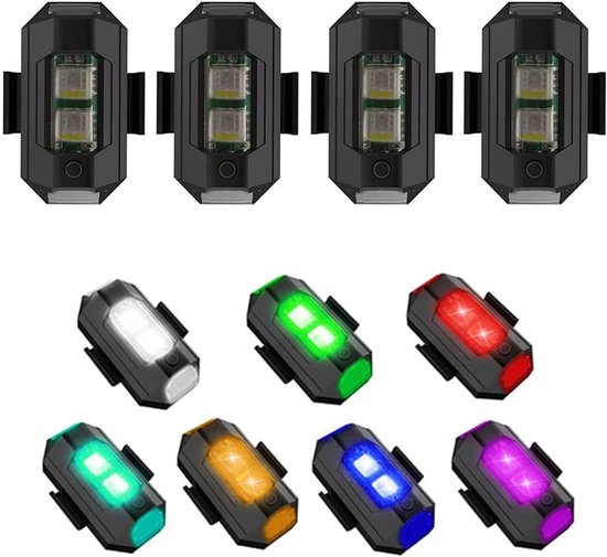 4 Stuks LED Knipperlicht voor Drones – 7 Kleuren – USB Oplaadbaar – Anti-Botsing Nachtverlichting – Geschikt voor Drones, Motorfietsen, Auto’s, Fietsen, RC Auto’s en RC Boten