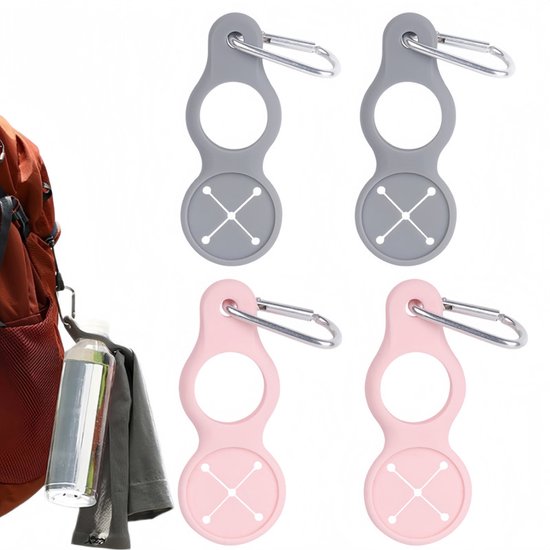 4 stuks - Siliconen waterflesclips - Siliconen waterfleshaak - met Handdoekhaak - Flessenhouder - Karabijnhaak - draagbare waterflesgespen - Roze en grijs - 97 x 40 mm - voor kamperen, reizen en fietsen - Reisaccessoire voor rugzak