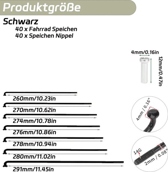 40 Stuks Fietsspeichen met Nippels voor Mountainbike en E-bike - 276mm Zwart