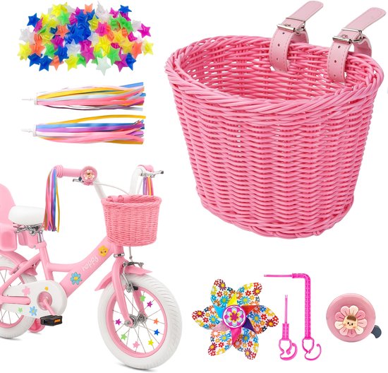 5-Delige Fietsmandje Meisjes Set - Fiets Versiering voor Kinderfiets inclusief Fietsbel Kind, Stuurslingers, Spaakkralen, Windmolentje - Fiets Accessoires voor Kinderen van Merkloos