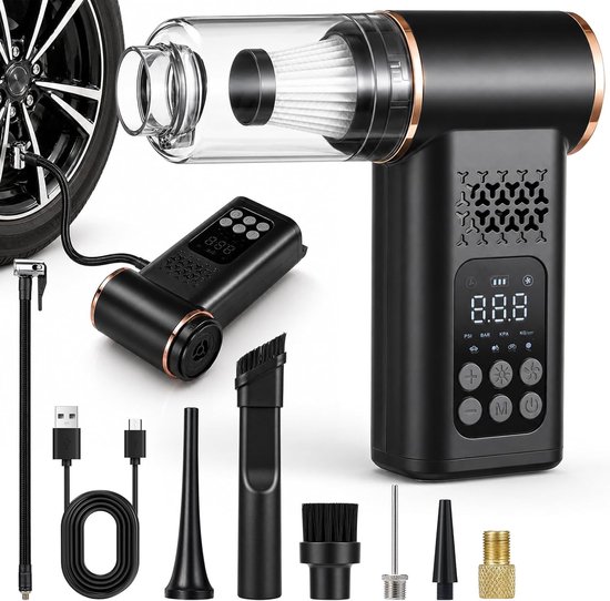 5-in-1 autostofzuiger en bandenpomp, luchtcompressor, 150 psi, draadloze draagbare bandenpomp met ventilator, digitale manometer, dual waarde-display, ledlicht voor auto, motorfiets, fiets, bal