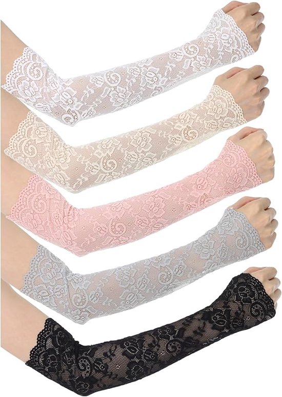 5 Paar Mouwen Kant - Mouwen - Kanten Mouwen - Imitatiemouwen - UV Bescherming - Armstukken - Ademend - Mouwen Met Bloemenmotief - Kanten Armwarmers - Geschikt Voor Buitenactiviteiten van Merkloos