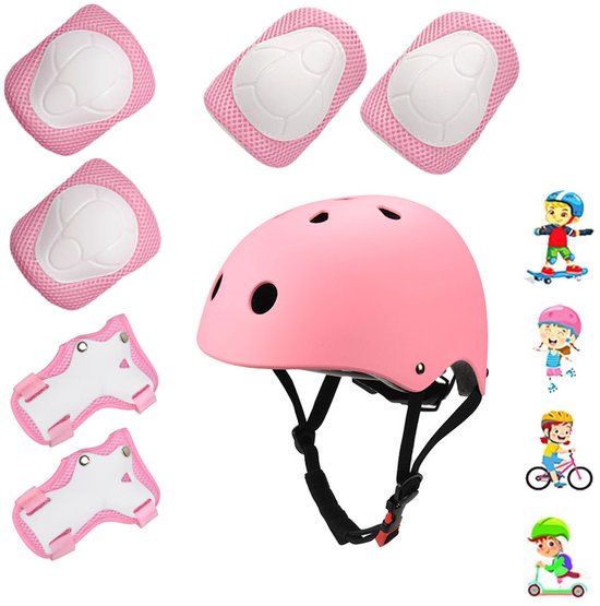 7-Delige Fietshelm Combi met Bescherming - Kniebeschermers - Elleboogbeschermers - Polsbanden - Verstelbare helm - Beschermende kleding voor skateboards - Sportbescherming - Geschikt voor rolschaatsen, skiën en fietsen - roze van Veiligheidsvest.