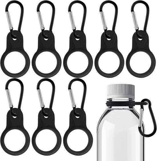 8 stuks - Siliconen waterflesclips - Siliconen waterfleshouder - Flessenhouder - Drinkfles Houder - Karabijnhaak - draagbare waterflesgespen - waterfleskoord met karabijnhaak - voor kamperen, wandelen en fietsen - 9*3.5 cm - zwart