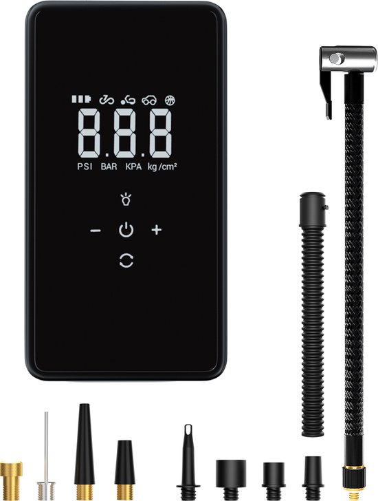 9-in-1 Draagbare Compressor Bandenpomp - Luchtcompressor - Compressor - Oplaadbaar - Fiets Tot Auto - Elektrische Fietspomp - Zaklamp en Powerbankfunctie - Inclusief 9 opzetstukken - 6000 mAh Batterij