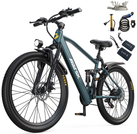 Aairsk 24" Elektrische Mountainbike&Stadsfiets Blauw, 25 km/u Maximum Snelheid, 7/21 Versnellingen & Dubbele Vering, 250W Piekmotor Elektrische Fiets voor Volwassenen, NFC Startfunctie, Het maximale bereik is 100 km. van Merkloos