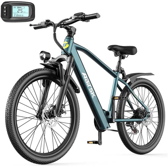 Aairsk 24" Elektrische Mountainbike&Stadsfiets Blauw, 250W Piekmotor, 25 km/u Maximum Snelheid, 7/21 Versnellingen & Dubbele Vering, Shimano 7 Versnellingen, NFC Startfunctie, Het maximale bereik is 80 km. van Merkloos