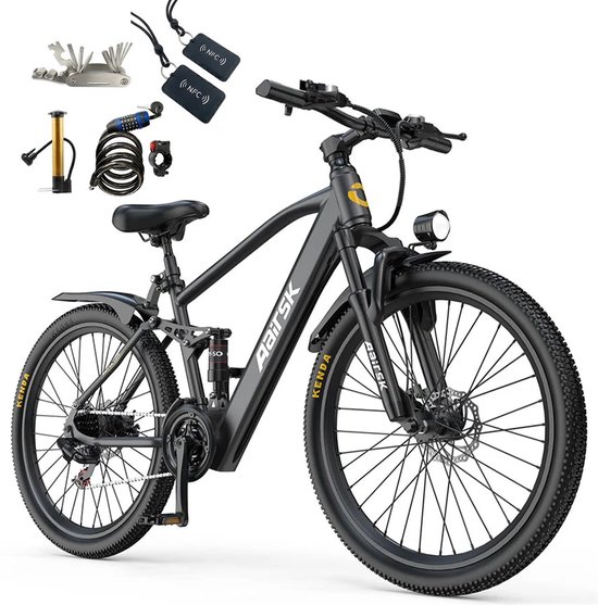 Aairsk 26" Elektrische Mountainbike&Stadsfiets Zwart, 25 km/u Maximum Snelheid, Tot 64 km Bereik, 7/21 Versnellingen & Dubbele Vering, 250W Piekmotor Elektrische Fiets voor Volwassenen, NFC Startfunctie, Het maximale bereik is 100 km. van Merkloos
