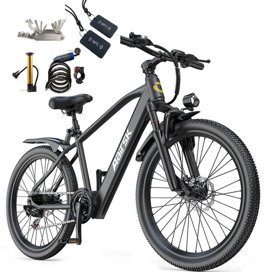 Aairsk 26" Elektrische Mountainbike&Stadsfiets Zwart, 250W Piekmotor, 25 km/u Maximum Snelheid, 7/21 Versnellingen & Dubbele Vering , Shimano 7 Versnellingen, NFC Startfunctie, Het maximale bereik is 80 km. van Merkloos
