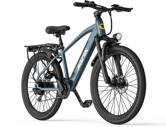Aairsk Elektrische Fiets 26 inch – 250W EU-conform, 25 km/h – 36V 13Ah accu (75 km actieradius) – Shimano 7 versnellingen + NFC start – LCD en LED voorlamp – Complete fiets, direct klaar voor gebruik – Blauw van Merkloos